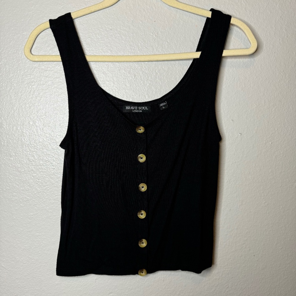 Brave Soul London Black Ribbed Tank top Cropped with button detail